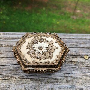 Vintage ORMOLU Hexagonal Jewelry Box With Floral Design Red fabric Interior Foot